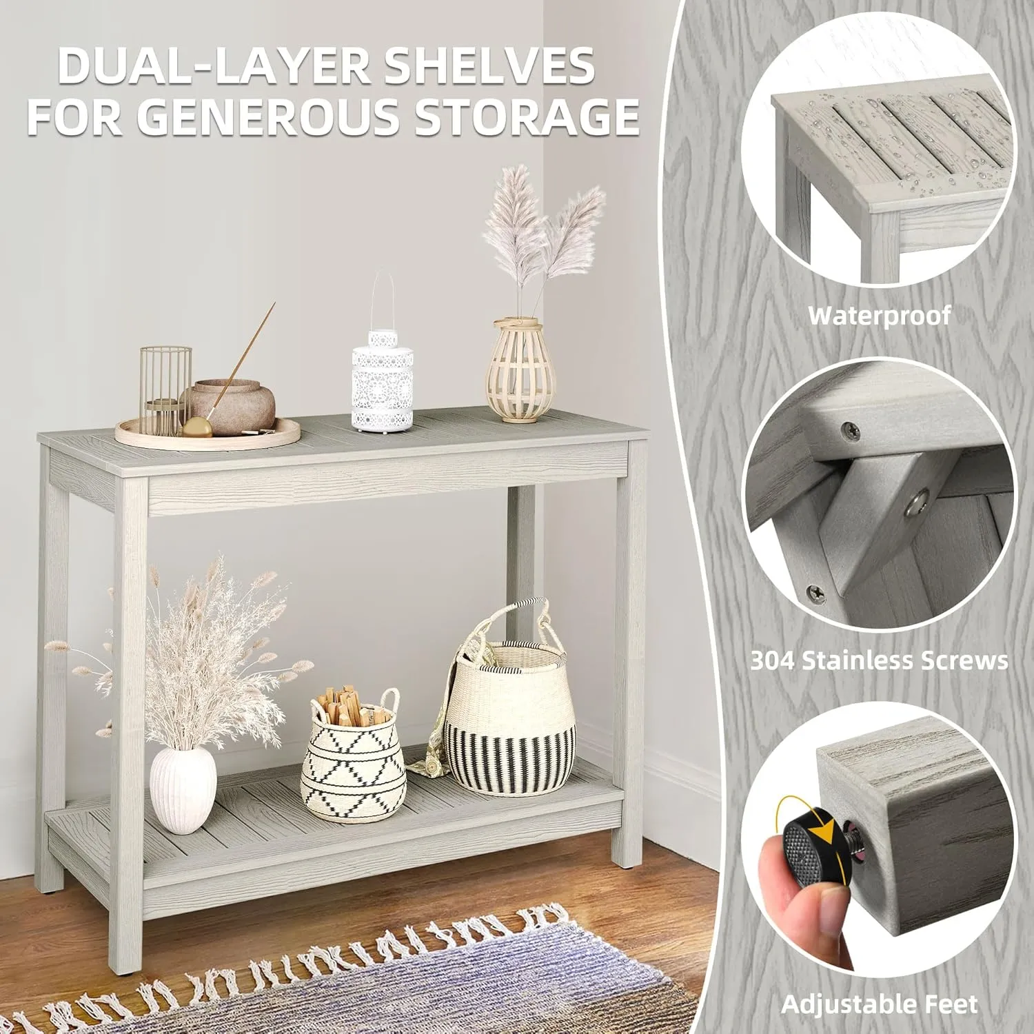 DWVO 38.3" Outdoor Bar Table Console Table, HIPS Material Indoor Outdoor Multifunctional Buffet Bar Storage Organizer with Adjustable Feet (Grey)