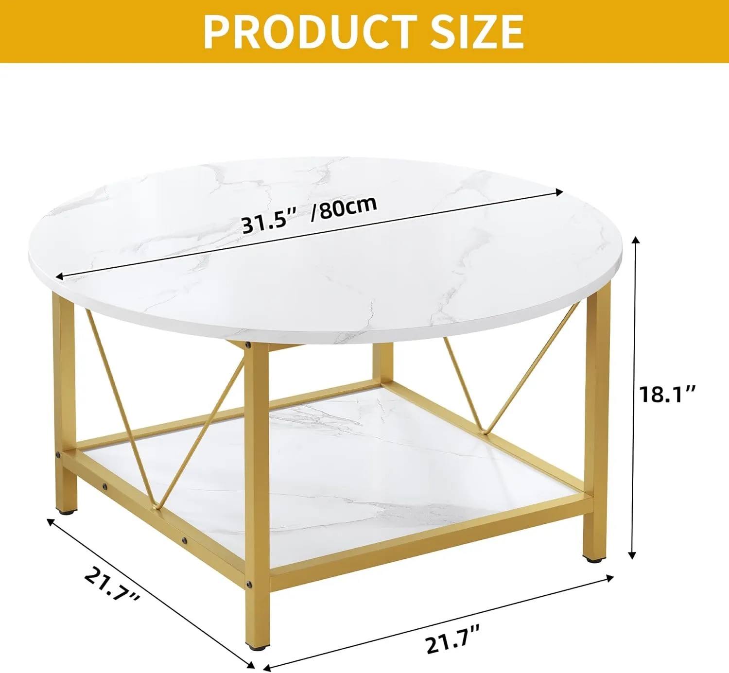 DWVO Round Coffee Table, Coffee Tables for Living Room, Small Coffee Table, 2 Tier Marble Circle Table with Open Storage Shelf, Rustic Wood Coffee Table with Metal Frame, Easy Assembly, Gold and White