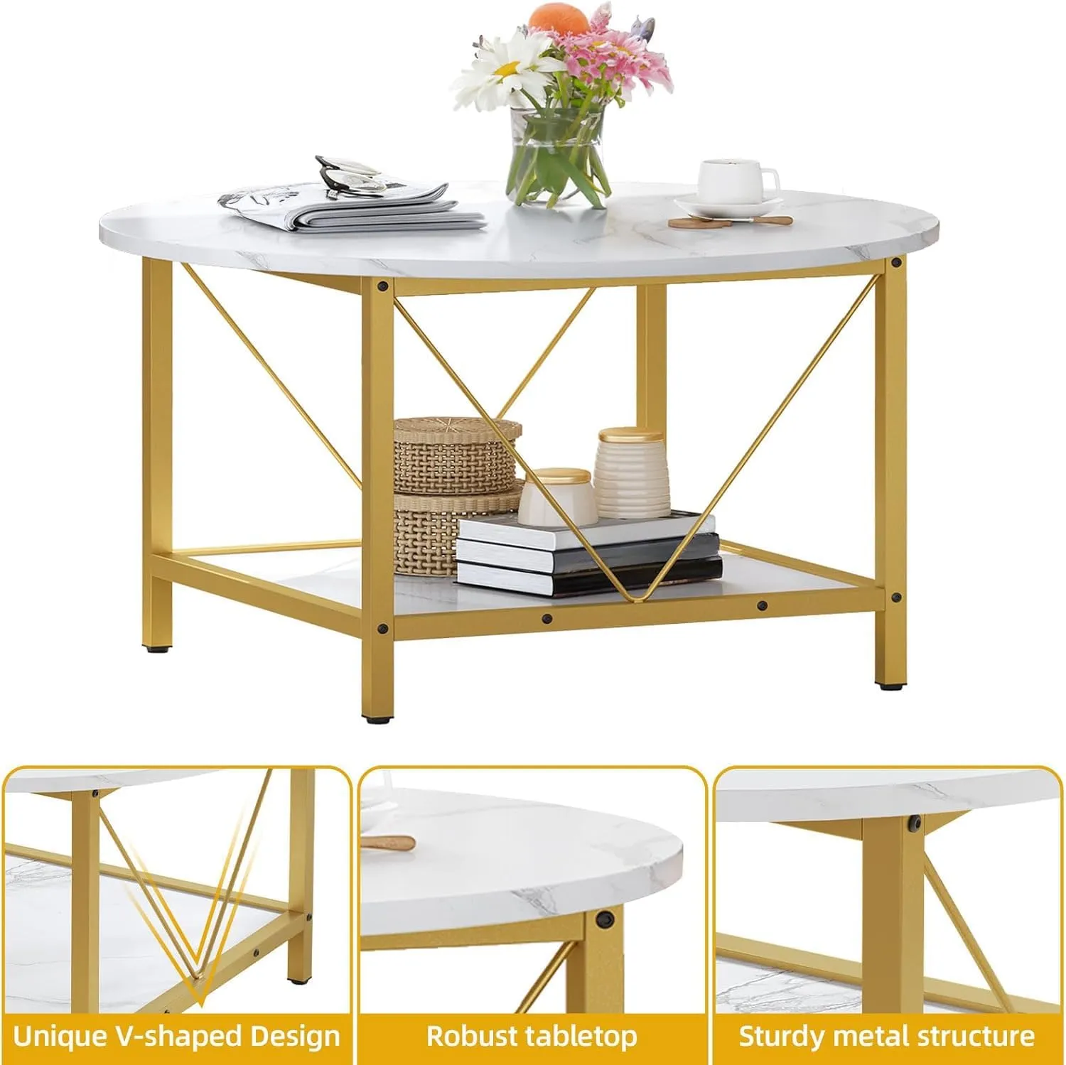 DWVO Round Coffee Table, Coffee Tables for Living Room, Small Coffee Table, 2 Tier Marble Circle Table with Open Storage Shelf, Rustic Wood Coffee Table with Metal Frame, Easy Assembly, Gold and White
