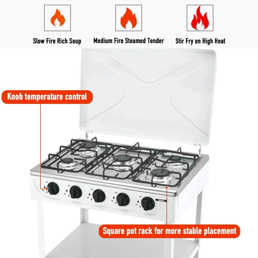 DYRABREST 5-Burner Natural Gas Stove Freestanding Gas Stove Versatile Rectangular Cooking Gas Stove with Precise Heat Control Knobs for Cooking, Stir-Frying, and Outdoor Camping Use (white)