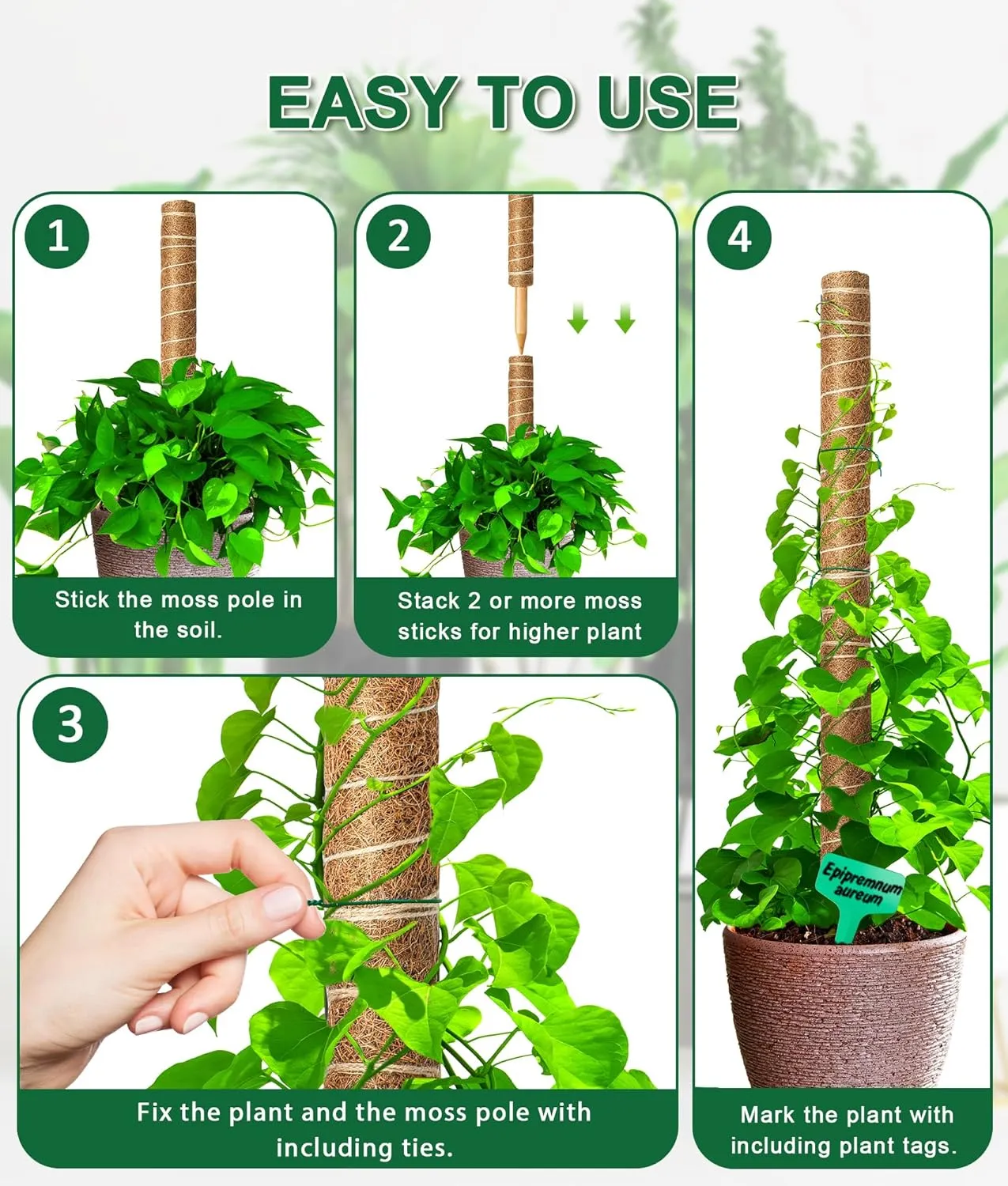 EAONE Moss Pole 168 Inch, 8 Pack 21" Monstera Plant Support for Climbing Potted Live Plants Indoor, Stackable Coco Coir Moss Sticks Monstera Stakes for Pothos Philodendron, with Garden Labels & Ties