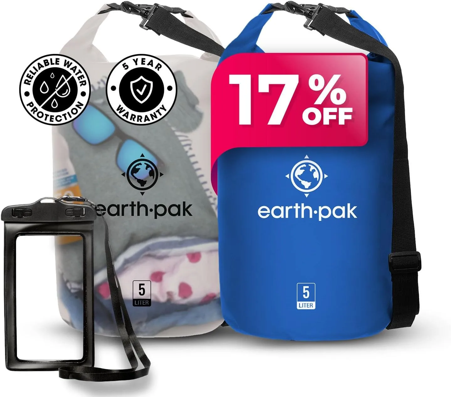 Earth Pak Waterproof Dry Bag - Roll Top Waterproof Backpack Clear 5L & Blue 5L