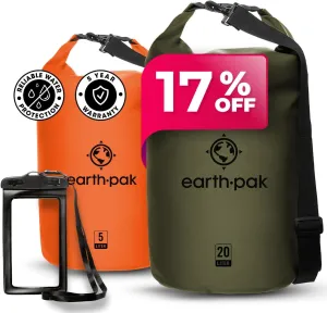 Earth Pak Waterproof Dry Bag - Roll Top Waterproof Backpack (Orange 5L & Forest Green 20L)