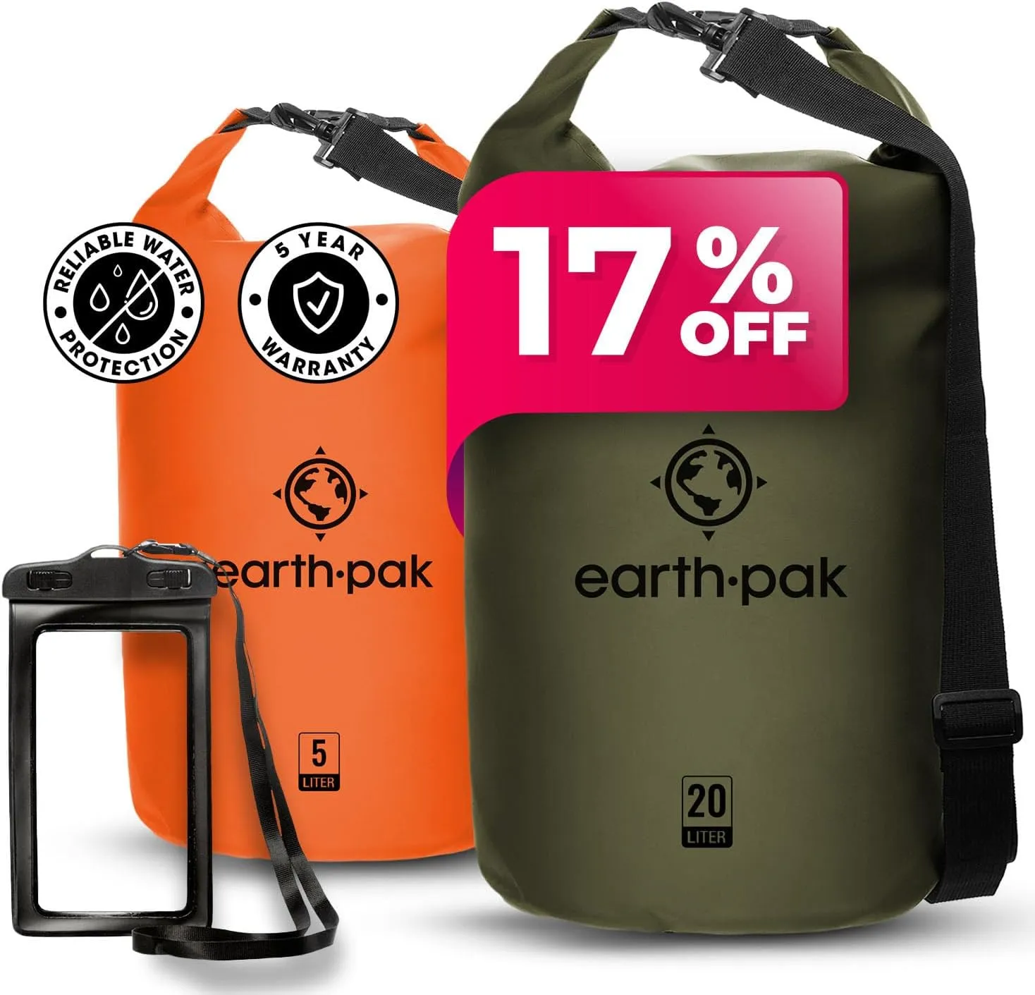 Earth Pak Waterproof Dry Bag - Roll Top Waterproof Backpack (Orange 5L & Forest Green 20L)