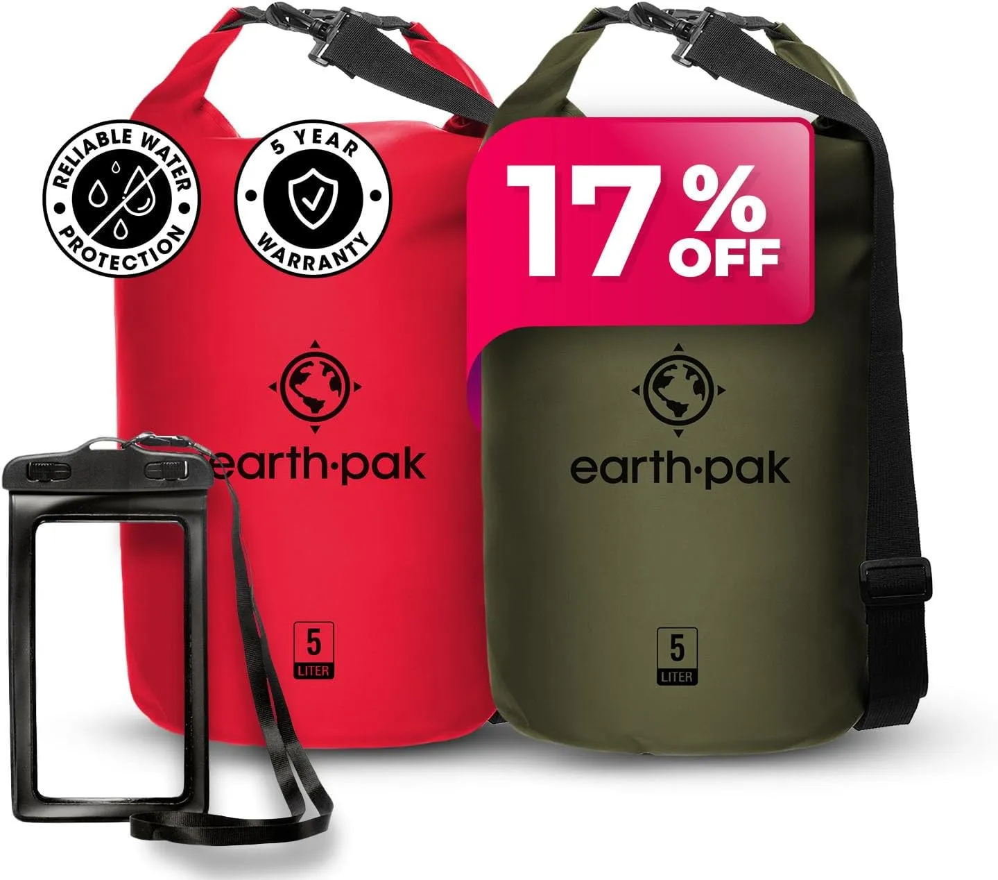 Earth Pak Waterproof Dry Bag - Roll Top Waterproof Backpack Red 5L & Forest Green 5L
