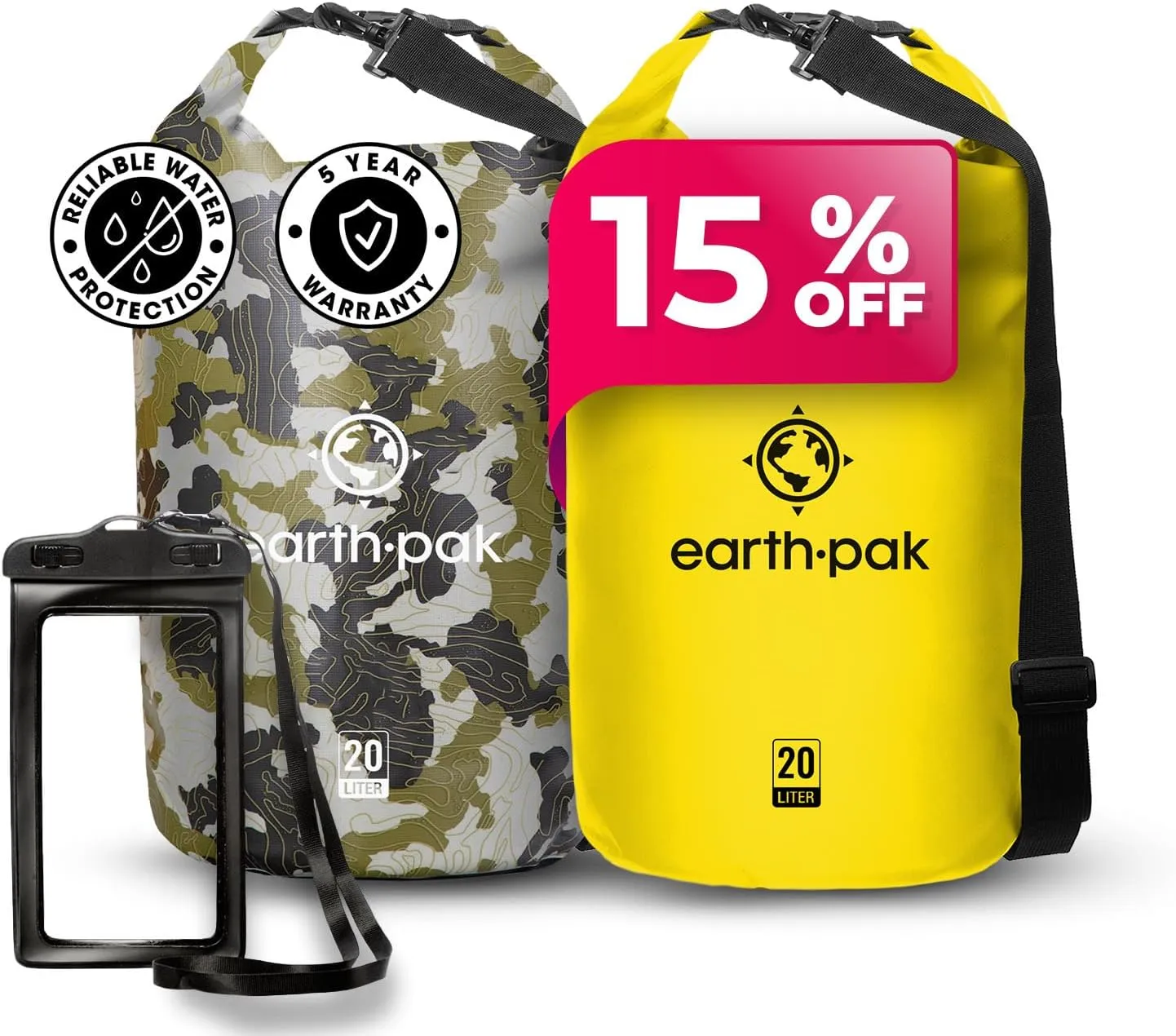 Earth Pak Waterproof Dry Bag - Roll Top Waterproof Backpack Sack (20L Camo & 20L Yellow)