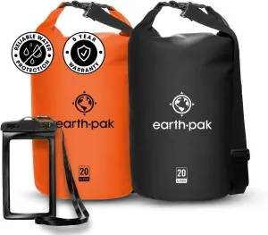 Earth Pak Waterproof Dry Bag - Roll Top Waterproof Backpack Sack (20L Orange & 20L Black)