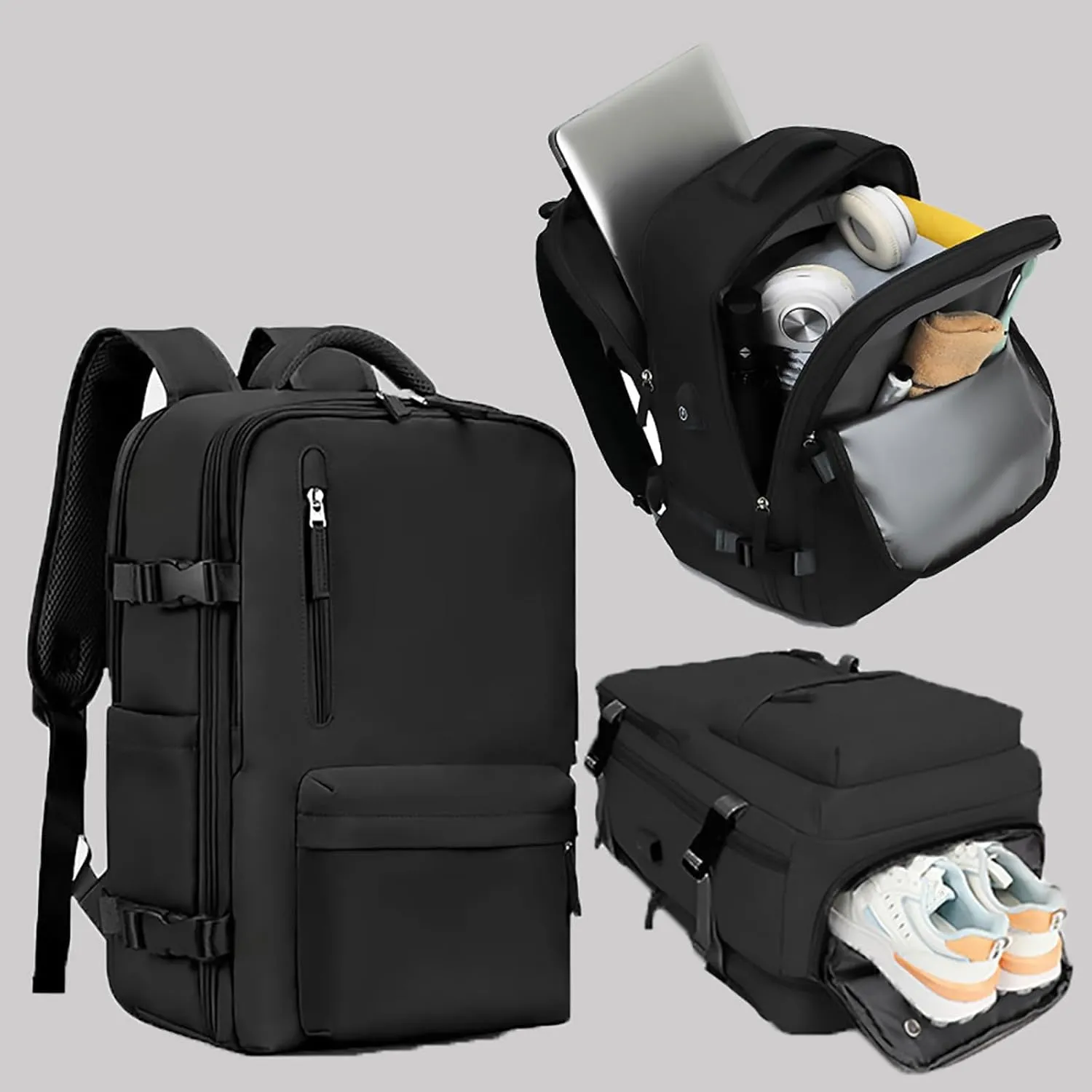Easypacker Travel Backpack, Waterproof with Shoe Compartment & USB Hole, 180° Open and Expandable Design (Black)