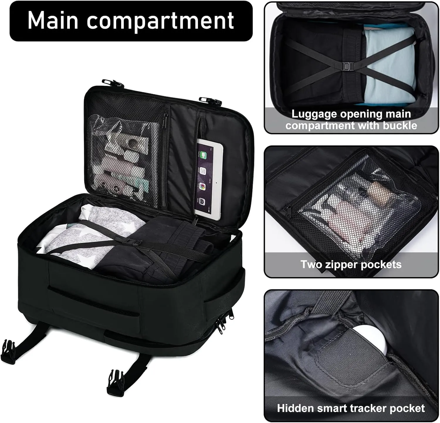 ECOHUB 16'' Travel Backpack For Women Men Airline Approved Personal Item Bag Essentials Laptop Casual Daypack Small Hiking Lightweight Waterproof Backpack, Black