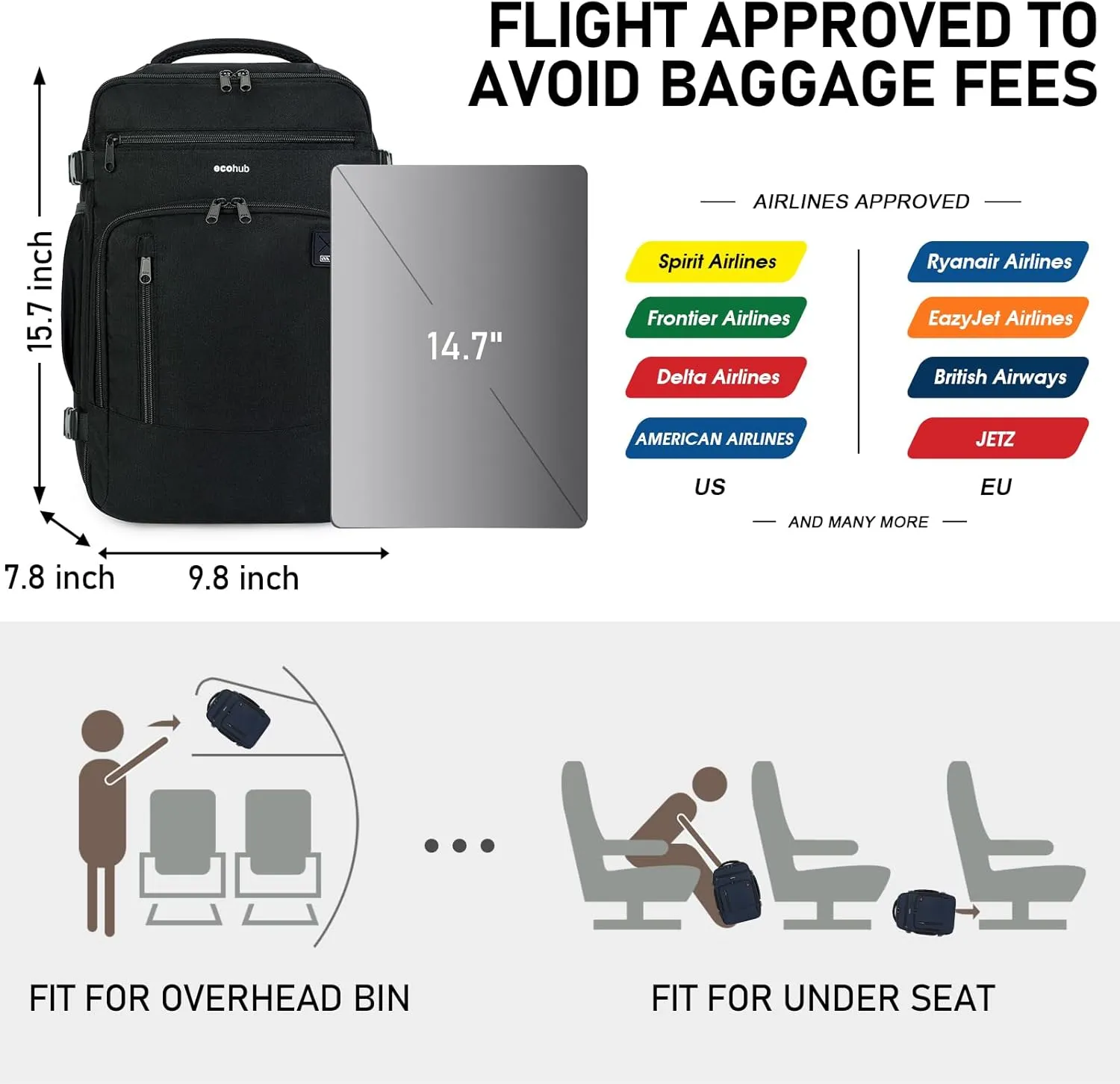ECOHUB 16'' Travel Backpack For Women Men Airline Approved Personal Item Bag Essentials Laptop Casual Daypack Small Hiking Lightweight Waterproof Backpack, Black