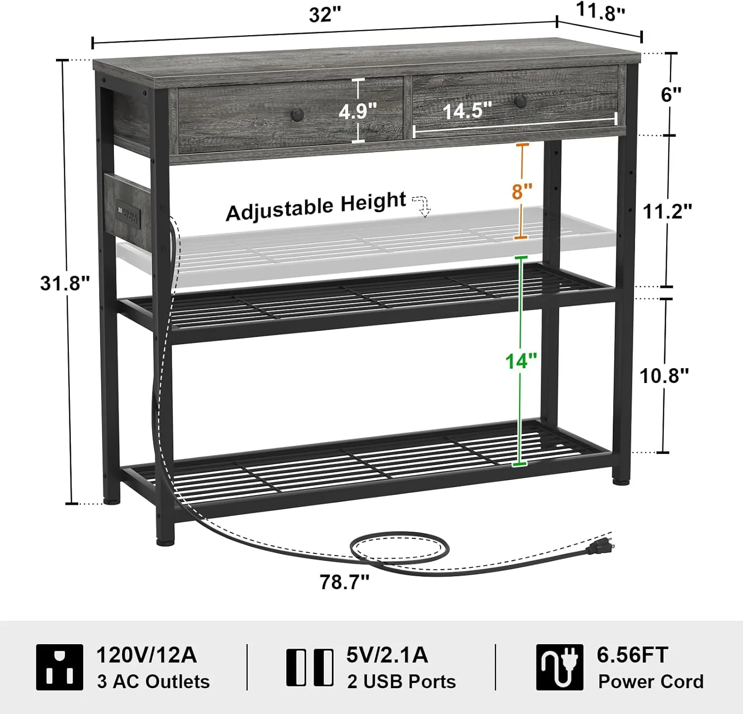 Ecoprsio Entryway Table with Outlets and USB Ports, Small Console Table with 2 Drawers, Sofa Table with Storage Shelves for Living Room, Couch, Hallway, Foyer, Kitchen Counter, 32'', Grey Oak
