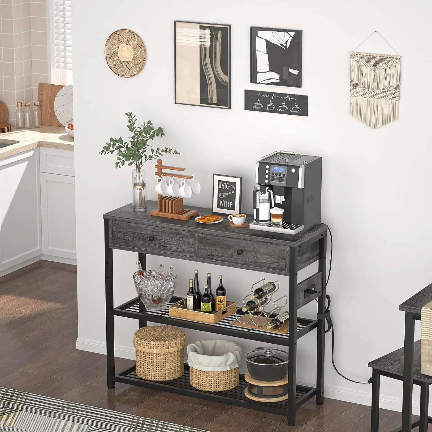 Ecoprsio Entryway Table with Outlets and USB Ports, Small Console Table with 2 Drawers, Sofa Table with Storage Shelves for Living Room, Couch, Hallway, Foyer, Kitchen Counter, 32'', Grey Oak
