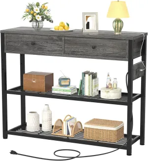 Ecoprsio Entryway Table with Outlets and USB Ports, Small Console Table with 2 Drawers, Sofa Table with Storage Shelves for Living Room, Couch, Hallway, Foyer, Kitchen Counter, 32'', Grey Oak