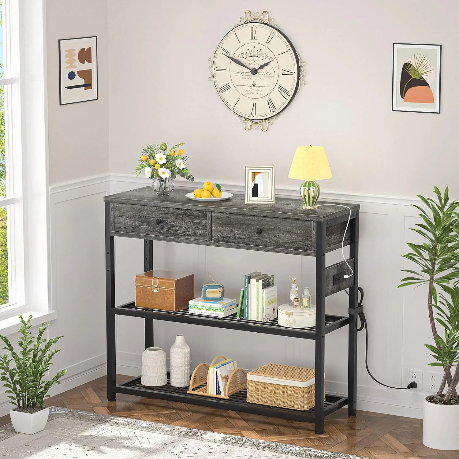 Ecoprsio Entryway Table with Outlets and USB Ports, Small Console Table with 2 Drawers, Sofa Table with Storage Shelves for Living Room, Couch, Hallway, Foyer, Kitchen Counter, 32'', Grey Oak