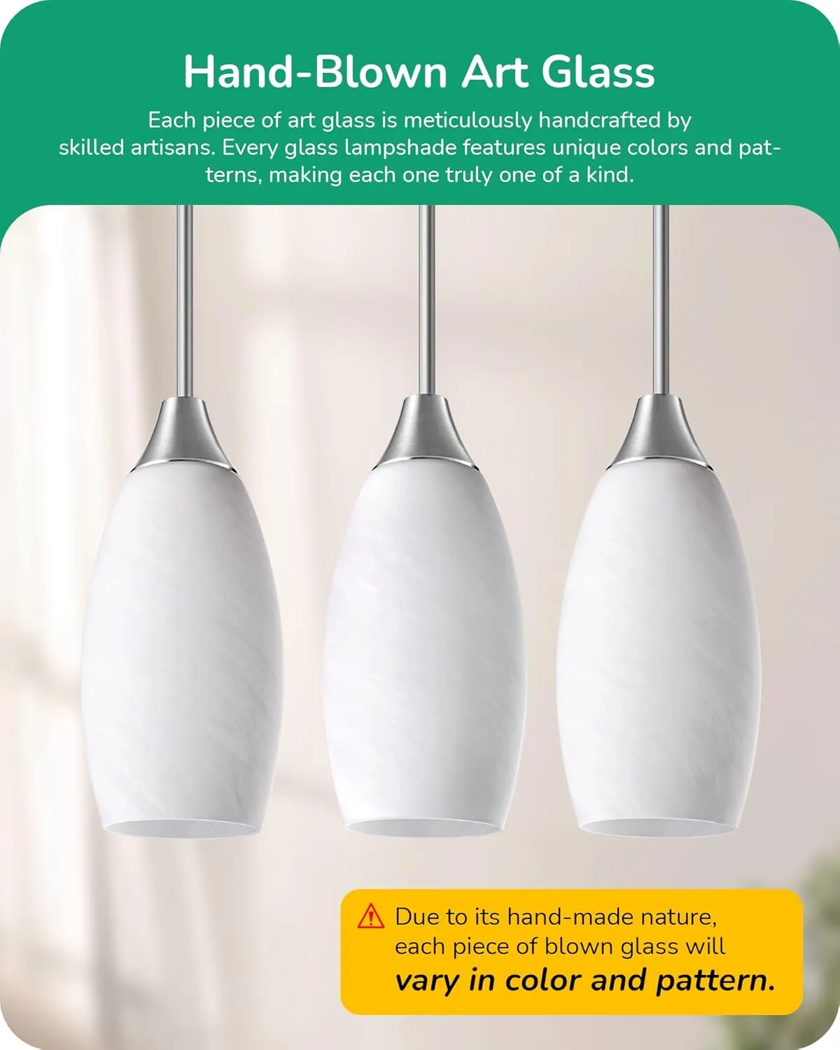 EDISHINE Pendant Light Fixture, Handcrafted Art Glass Hanging Light, Hardwired Ceiling Light, White Marble Glass Shade, Adjustable Brushed Nickel Rods, E26 Base, Pendant Lamp for Kitchen Bathroom Bar