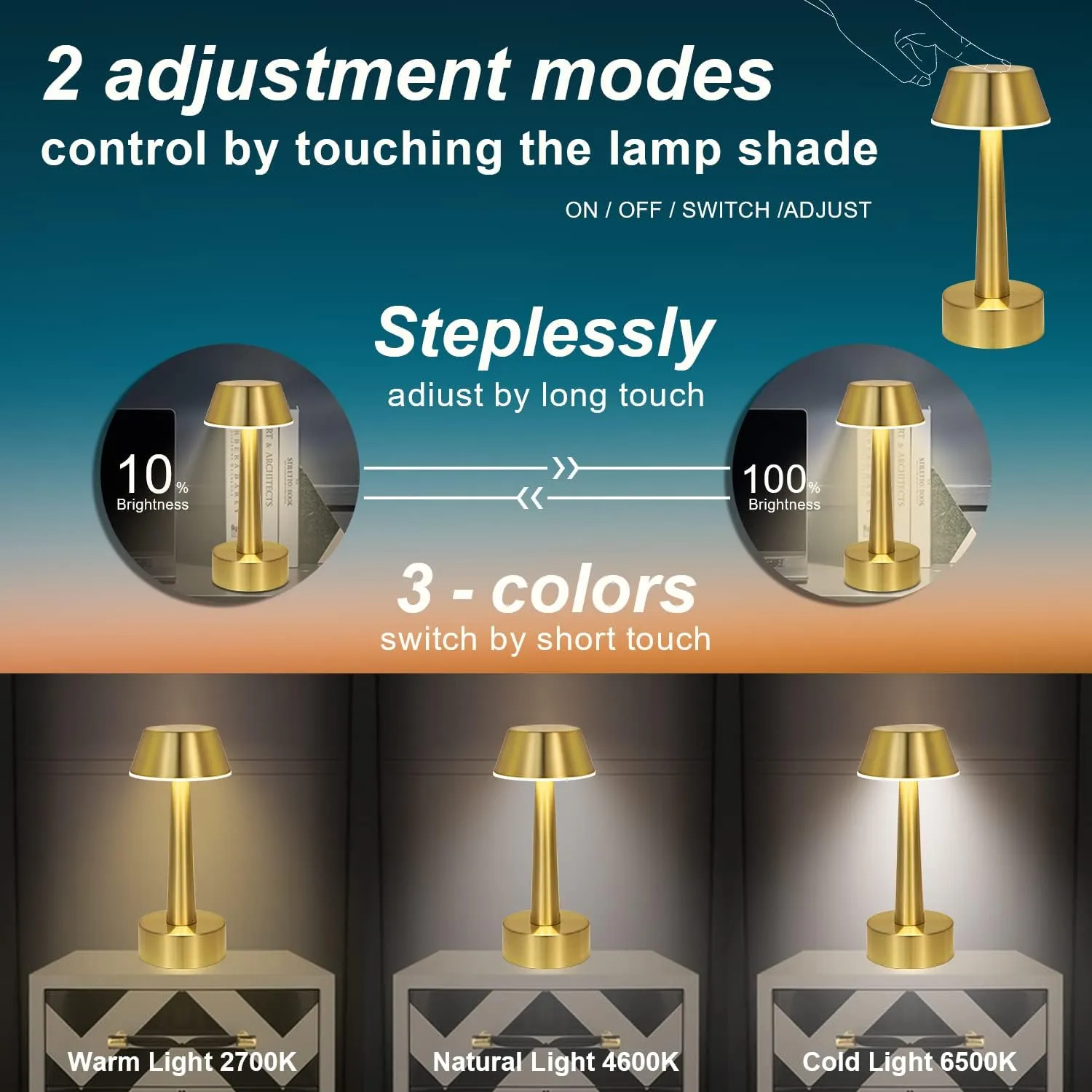 Egobasic Cordless Small Table Lamp, Gold Battery Operated Lamp for Restaurant Dinner Table, Rechargeable 3 Way Dimmable Light Touch Portable Mini Metal Lamp for Dining Room Patio Bar Outdoor Décor