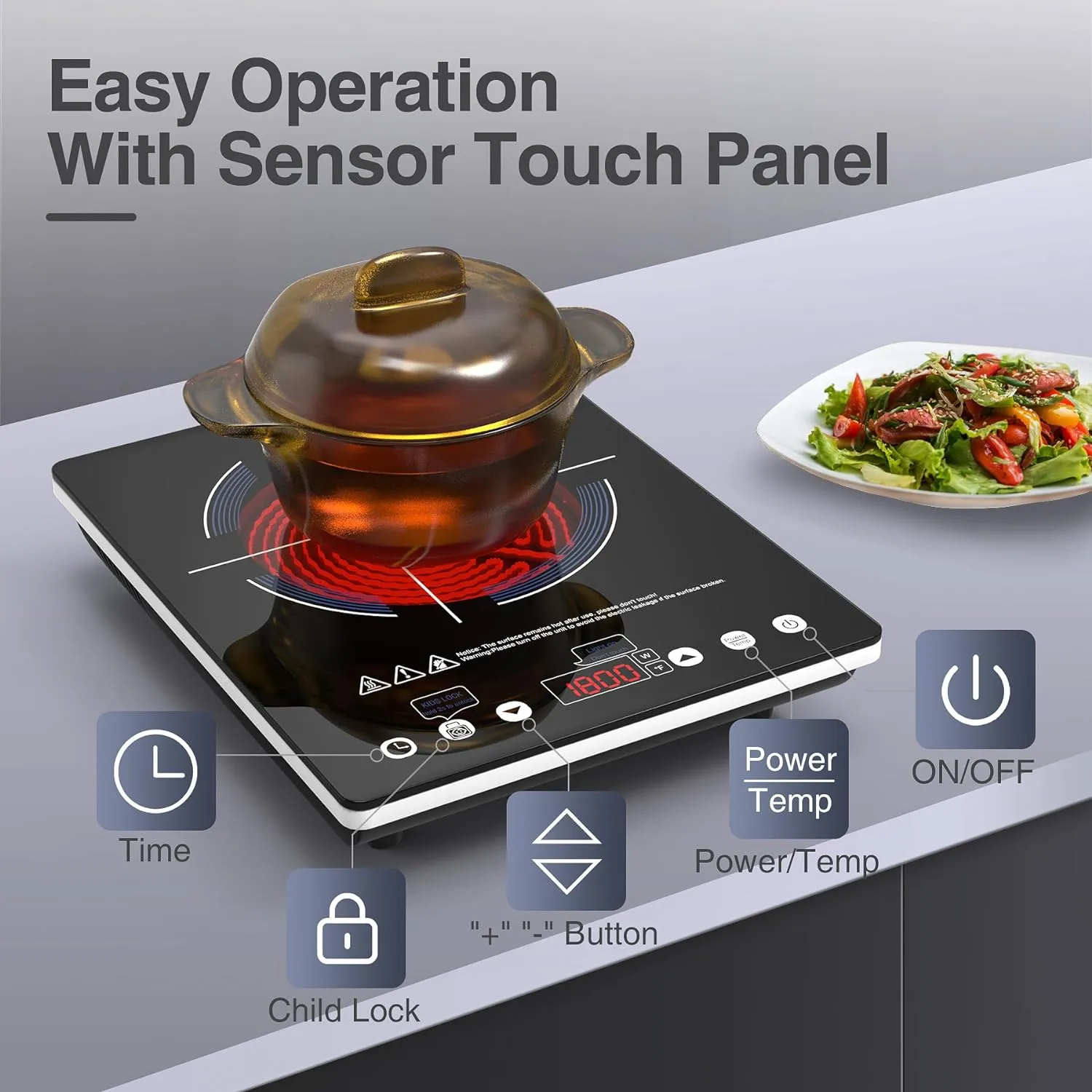 Electric Cooktop Single Burner, 1800W Electric Stove Top with Touch Control, 9 Power Levels, Kids Safety Lock & Timer, Overheat Protection,110V Induction Cooktop