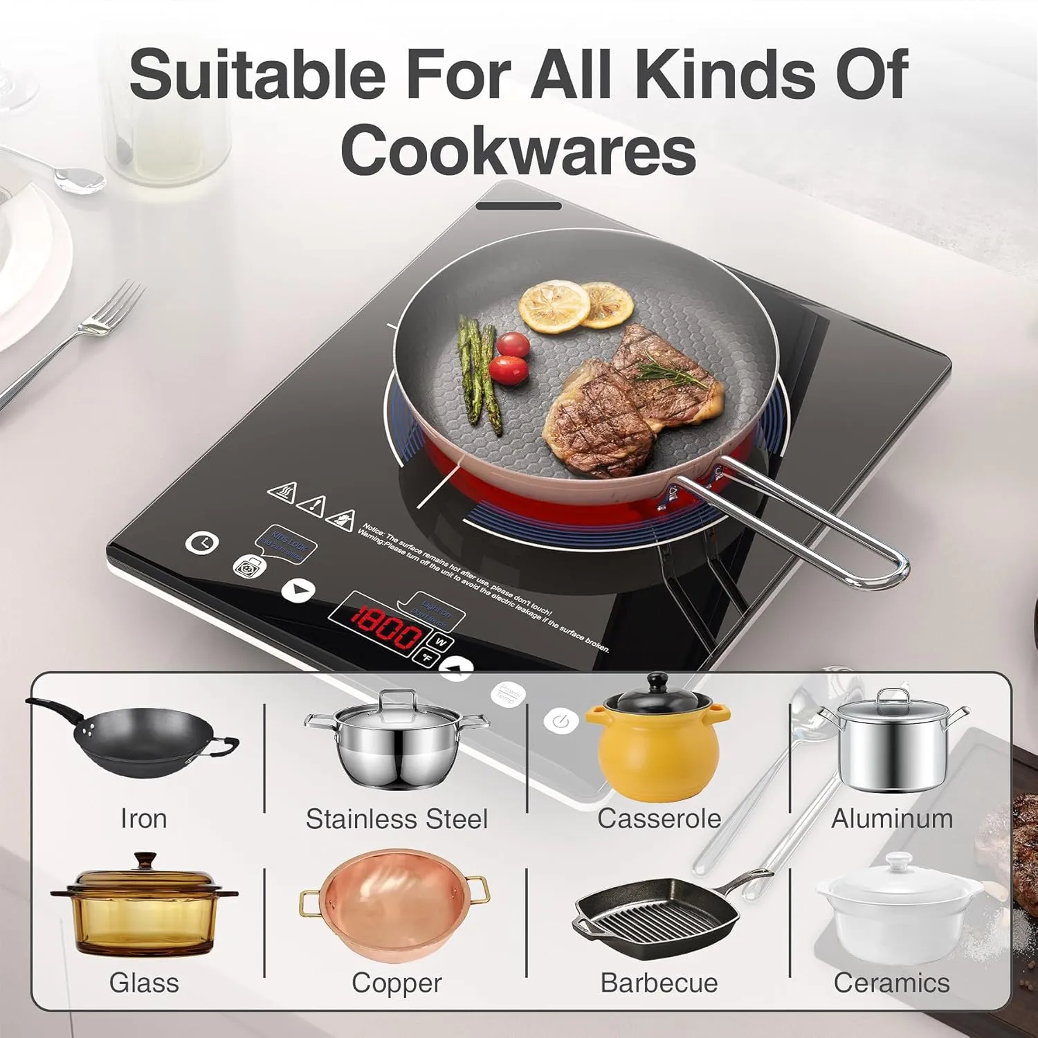 Electric Cooktop Single Burner, 1800W Electric Stove Top with Touch Control, 9 Power Levels, Kids Safety Lock & Timer, Overheat Protection,110V Induction Cooktop