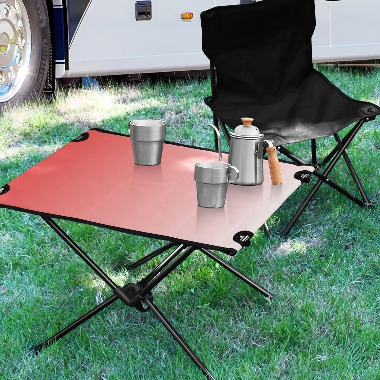 Emelivor Pink Gradient Folding Camping Table Portable Beach Table with Carry Bag Small Camping Side Table for Picnic Camping Outdoor Travel Hiking