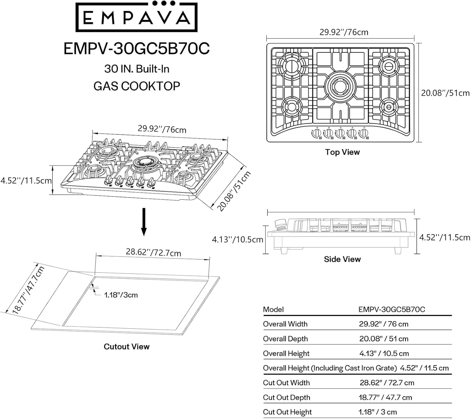 Empava 30 Inch Gas Cooktop with 5 World Class Made in Italy SABAF Burners, LPG/NG Convertible, Ideal RV Top Stoves for Kitchen, Stainless Steel