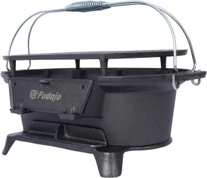 Enameled Oval Cast Iron Grill & Griddle Combo - 100% Cast Iron Portable Charcoal Grill, Tabletop Hibachi Camping Stove | Pre-Seasoned Durable & Compact