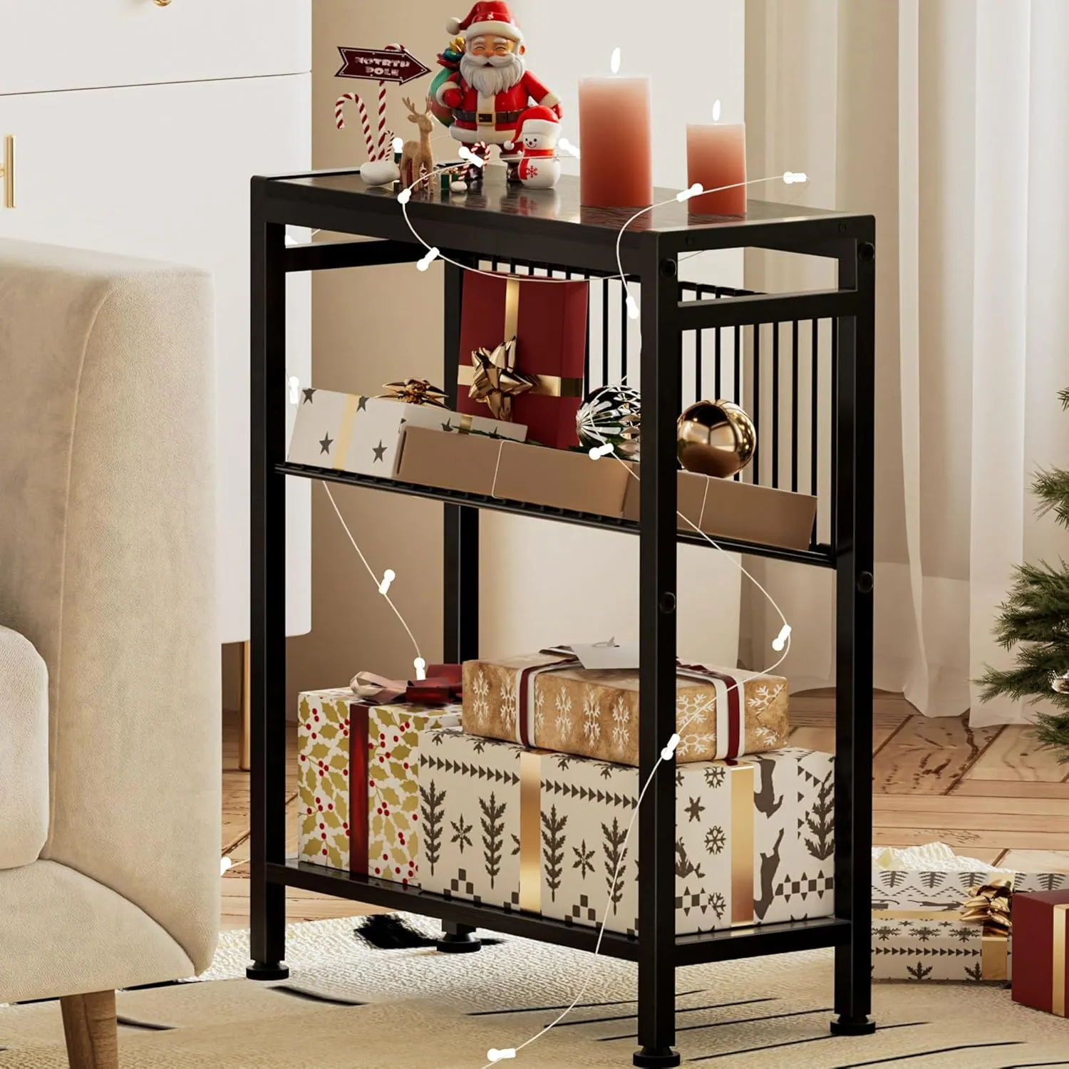 End Table for Small Space, 3-Tier Narrow Side Table with Magazine Holder, Nightstand, Skinny Snack Couch Table in Living Room, Bedroom Study and Balcony (Black)
