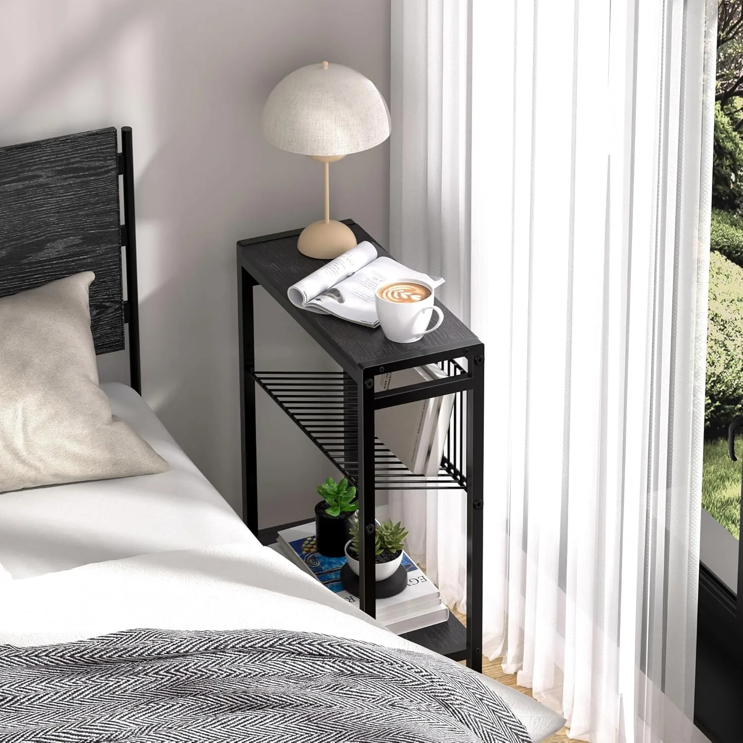 End Table Set of 2 for Small Space, 3-Tier Narrow Side Table with Magazine Holder,Slim Nightstand, Skinny Snack Couch Table in Living Room, Bedroom Study and Balcony (Black)