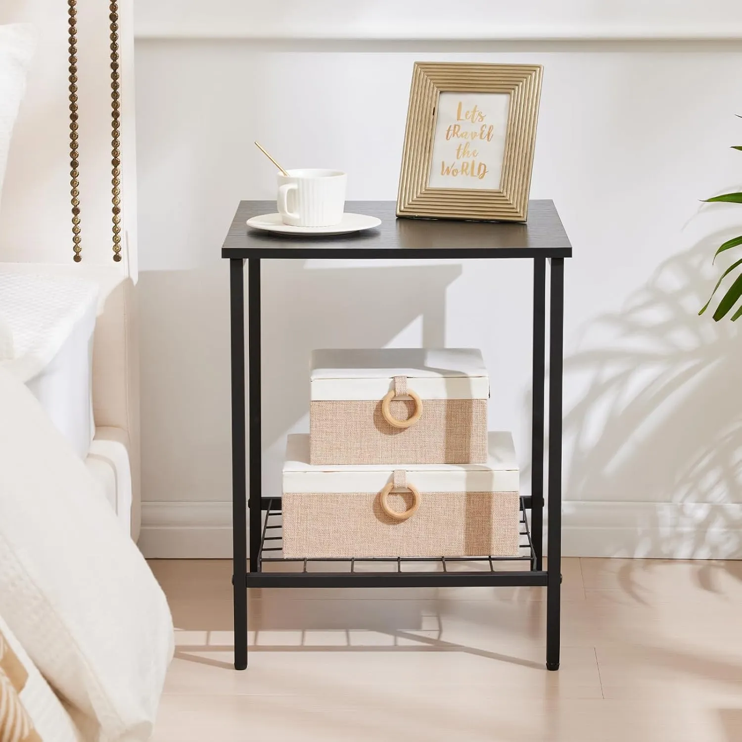 End Table with Shelves 16 Inch Square 2-Tier Coffee Tea Wooden End Table Nightstand for Sofa Couch Bed Industrial Style Beside Table for Living Room Bedroom Black 1PCS