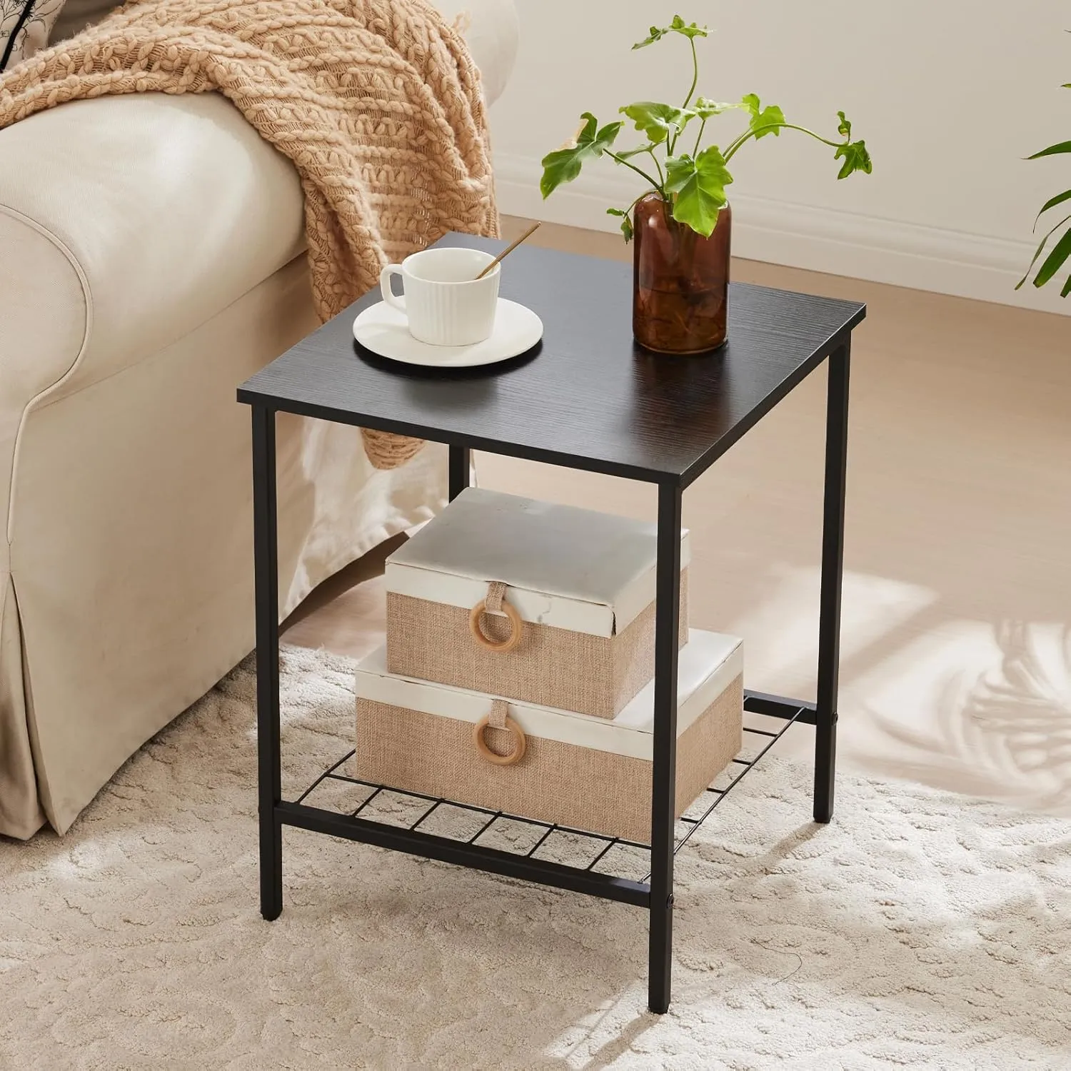 End Table with Shelves 16 Inch Square 2-Tier Coffee Tea Wooden End Table Nightstand for Sofa Couch Bed Industrial Style Beside Table for Living Room Bedroom Black 1PCS