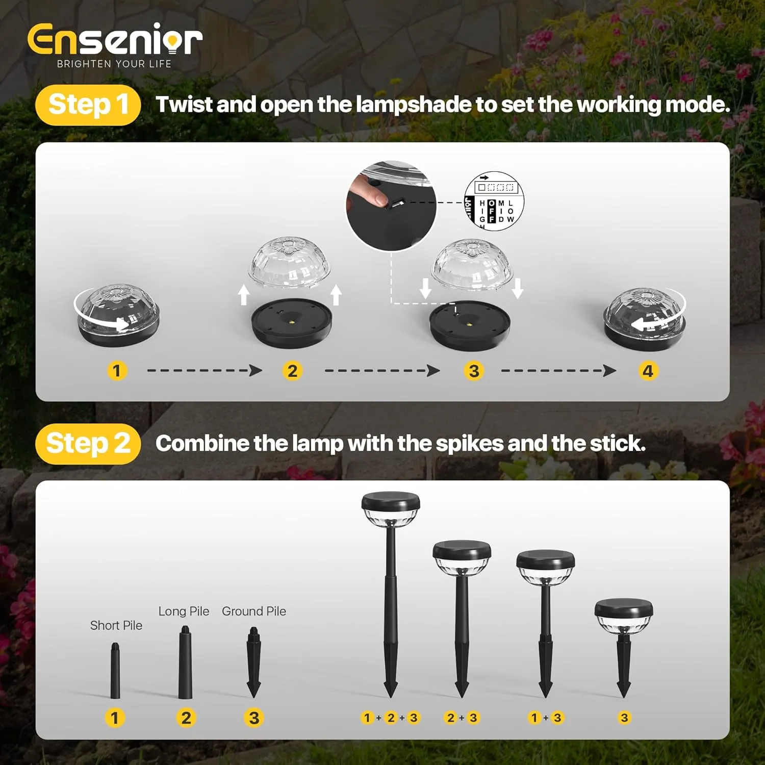 Ensenior 10-Pack Solar Lights Outdoor, Auto ON/Off 6500K LED Solar Garden Lights for Pathway, Yard, Patio, Walkway, Flower Bed, Waterproof, Energy-Efficient Landscape Lighting, Adjustable Height
