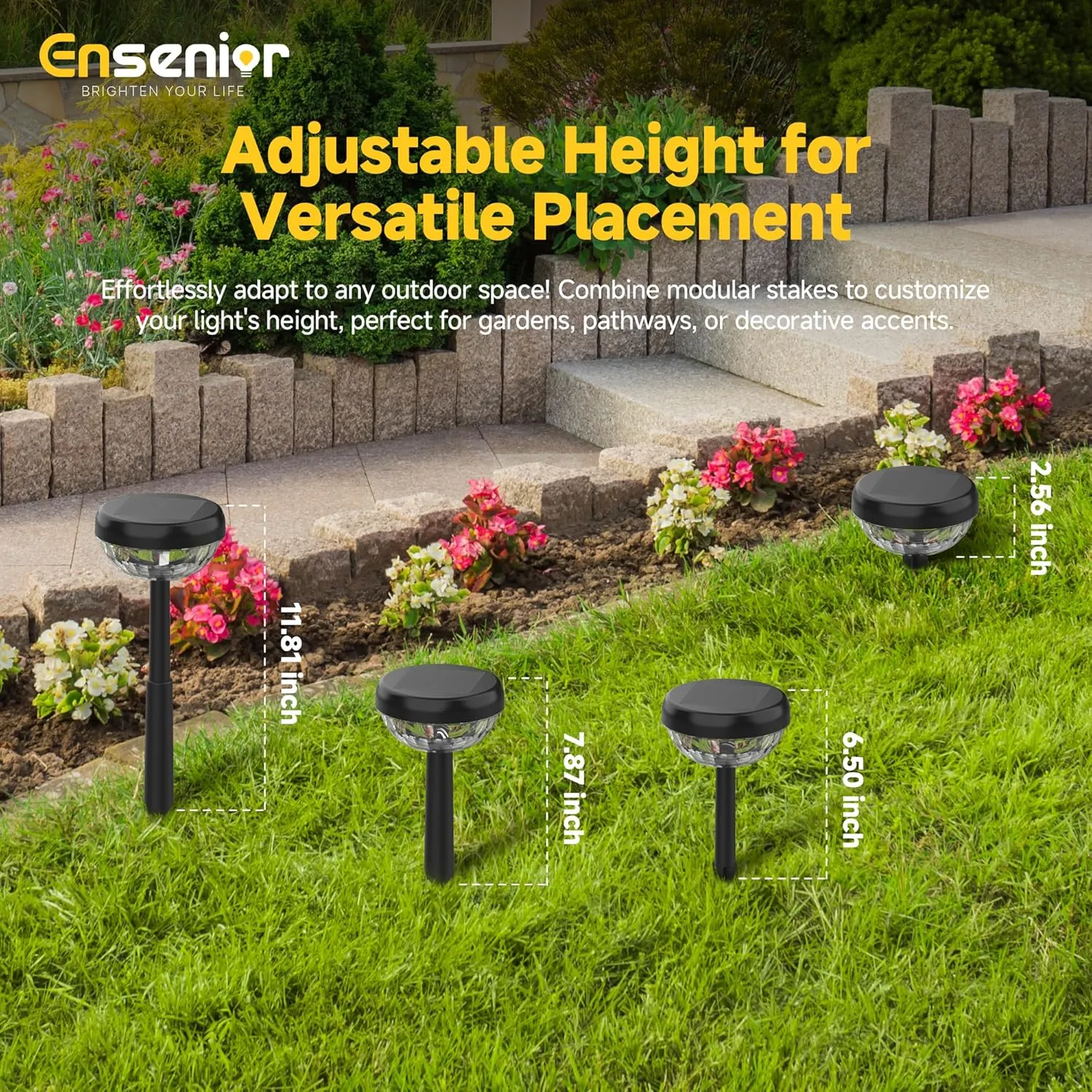 Ensenior 10-Pack Solar Lights Outdoor, Auto ON/Off 6500K LED Solar Garden Lights for Pathway, Yard, Patio, Walkway, Flower Bed, Waterproof, Energy-Efficient Landscape Lighting, Adjustable Height