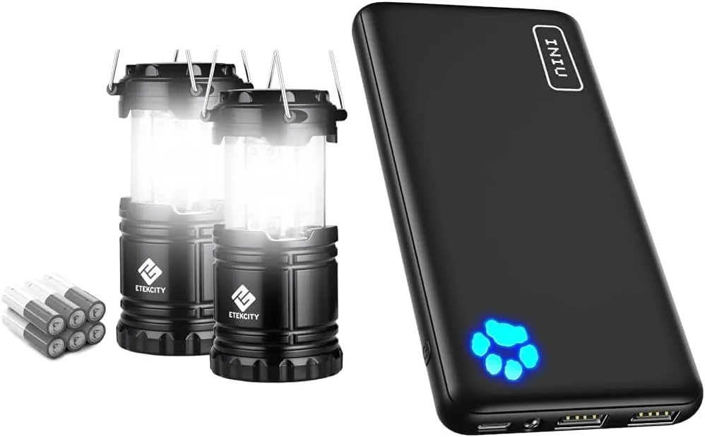 Etekcity Lantern Camping Essentials Lights, Led Lantern for Power Outages, Tent Light & INIU Portable Charger, Slimmest 10000mAh 5V/3A Power Bank, USB C in&Out High-Speed Charging