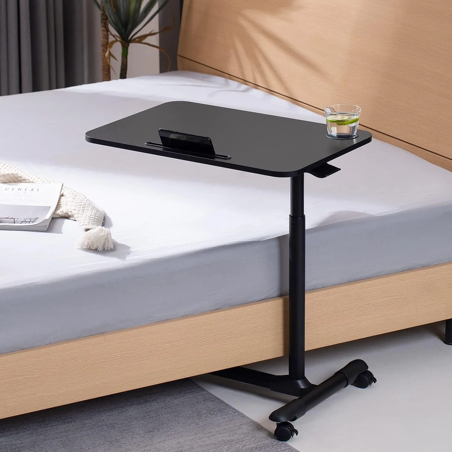 ETHU Overbed Table with Wheels, Rolling Tray Table, Hospital Bed Table, Adjustable Overbed Bedside Rolling Laptop Table (Black)