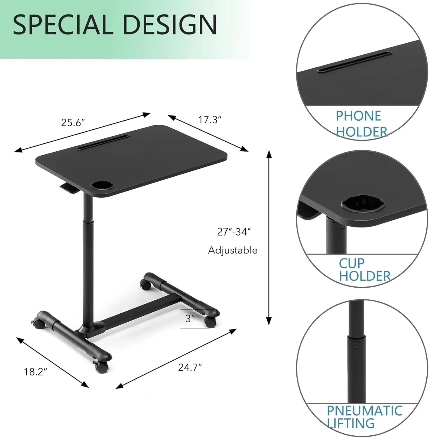 ETHU Overbed Table with Wheels, Rolling Tray Table, Hospital Bed Table, Adjustable Overbed Bedside Rolling Laptop Table (Black)