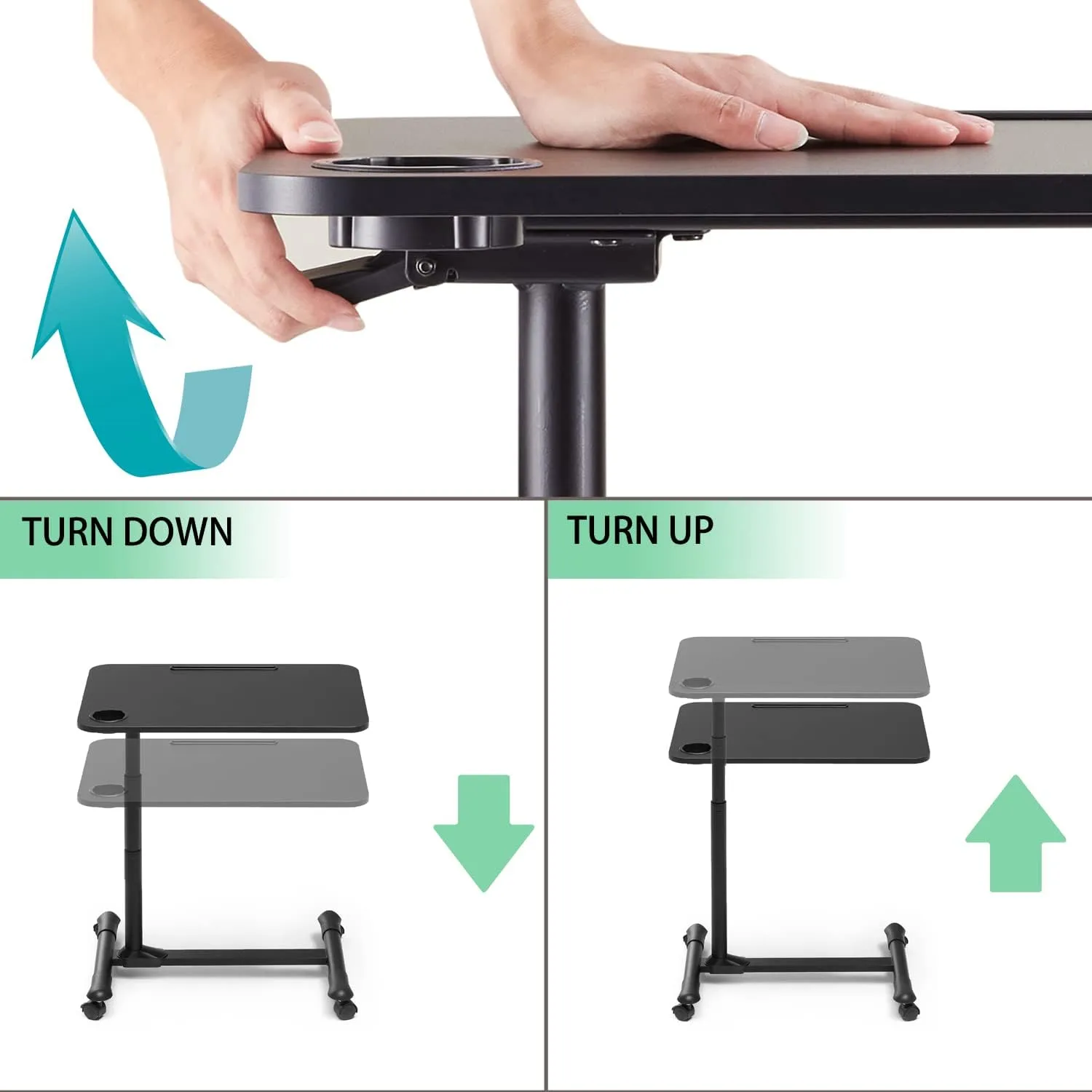 ETHU Overbed Table with Wheels, Rolling Tray Table, Hospital Bed Table, Adjustable Overbed Bedside Rolling Laptop Table (Black)