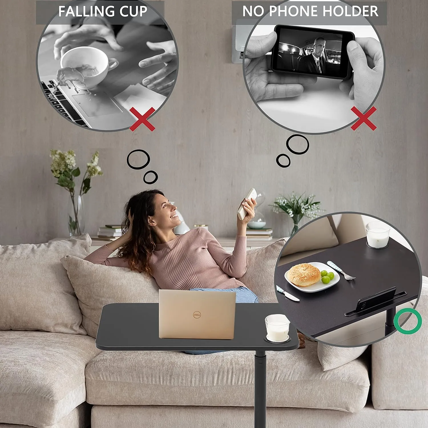 ETHU Overbed Table with Wheels, Rolling Tray Table, Hospital Bed Table, Adjustable Overbed Bedside Rolling Laptop Table (Black)