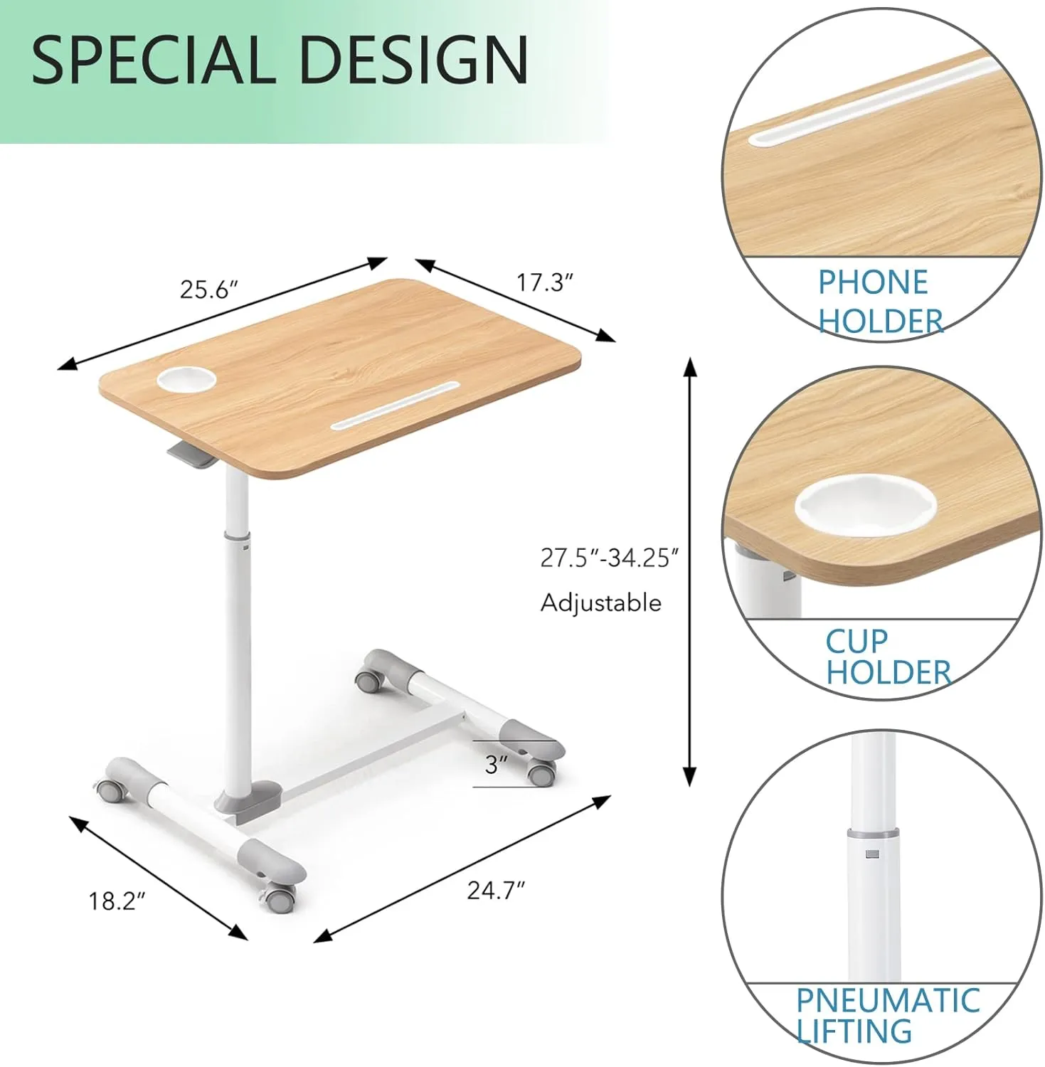 ETHU Overbed Table with Wheels, Rolling Tray Table, Hospital Bed Table, Adjustable Overbed Bedside Rolling Laptop Table