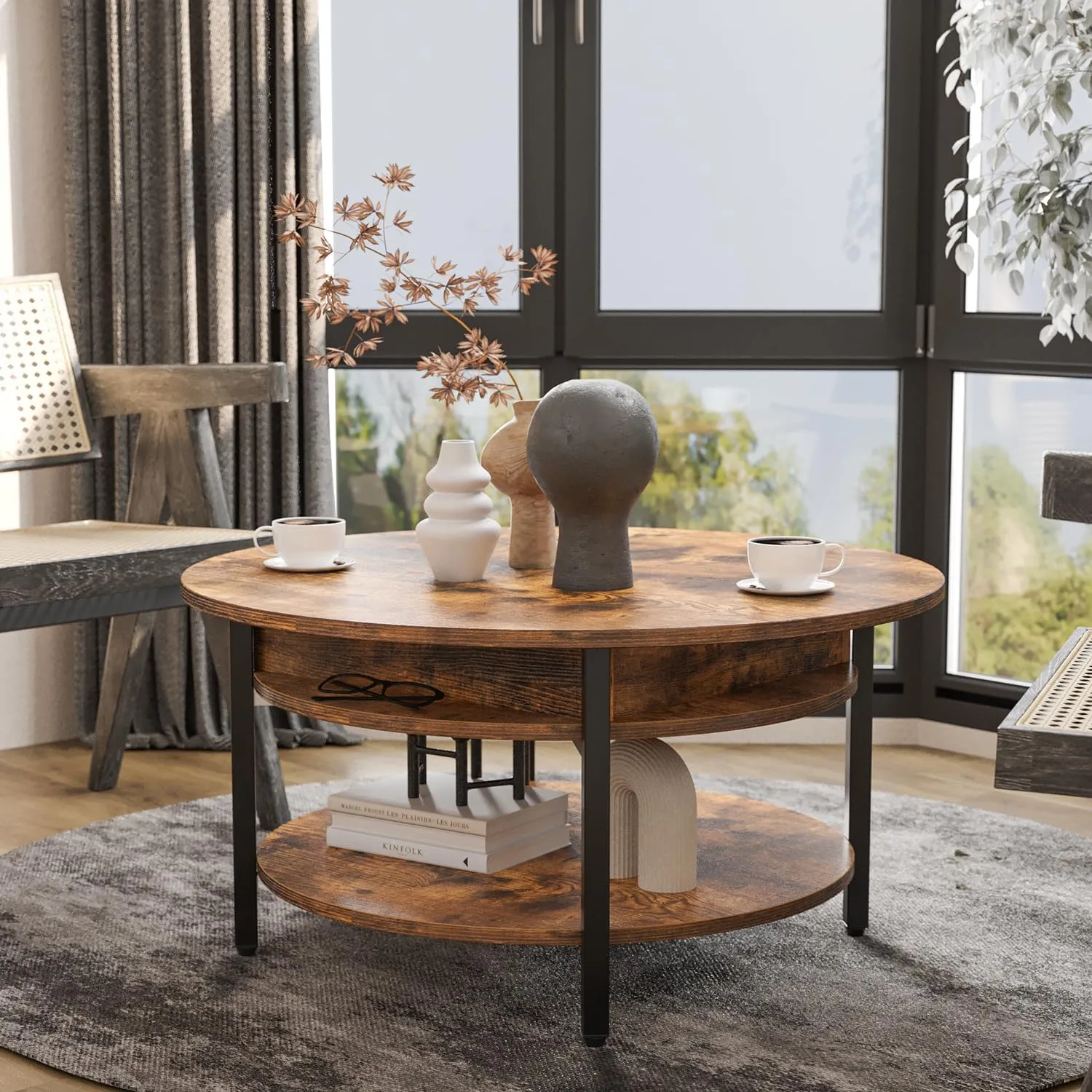 FABATO Round Lift Top Coffee Table with Storage and Hidden Compartment, 26.77'' Farmhouse Coffee Table for Living Room Reception Room, 2 Tier Small Round Coffee Table Circle Dining Table, Rustic Brown