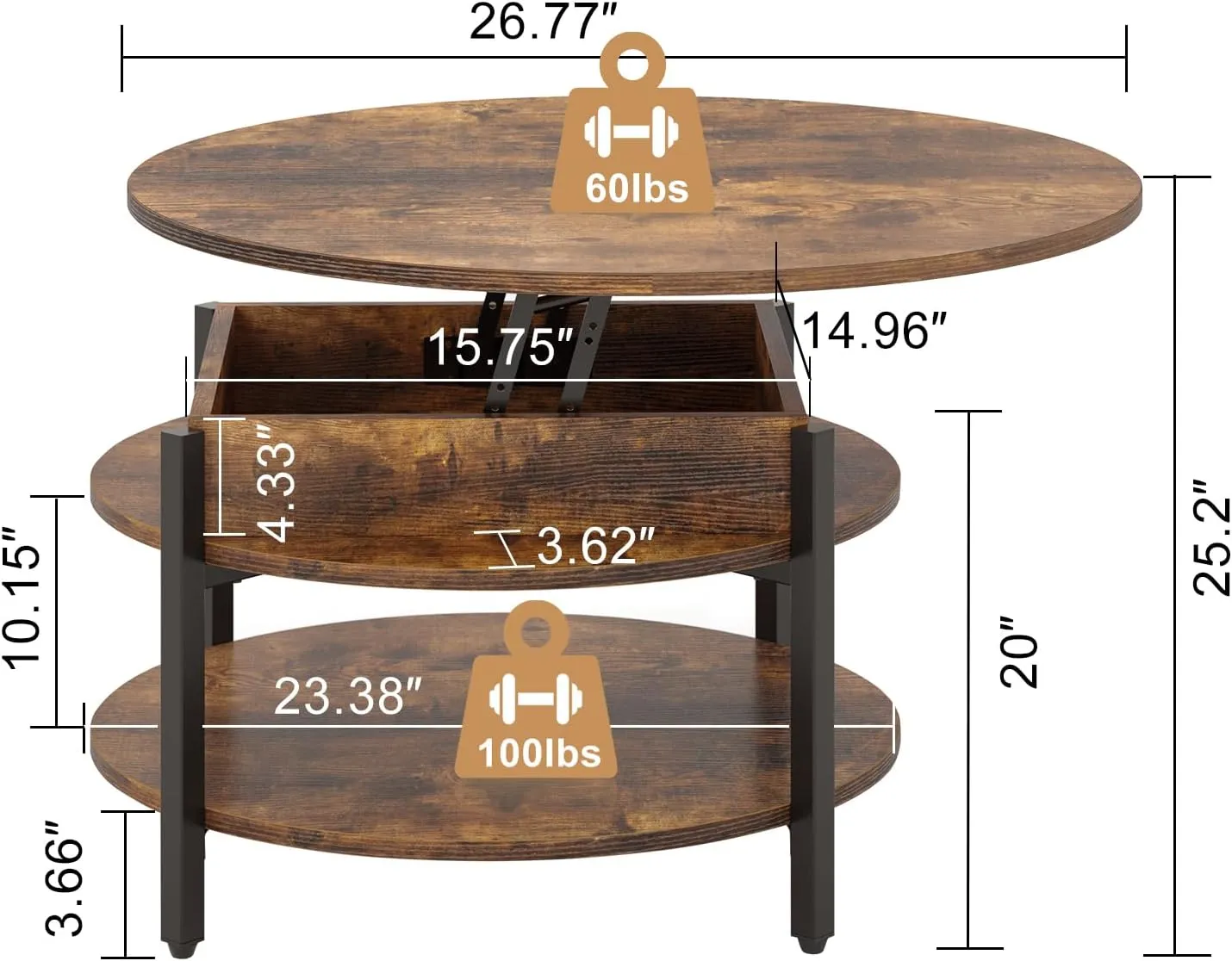 FABATO Round Lift Top Coffee Table with Storage and Hidden Compartment, 26.77'' Farmhouse Coffee Table for Living Room Reception Room, 2 Tier Small Round Coffee Table Circle Dining Table, Rustic Brown