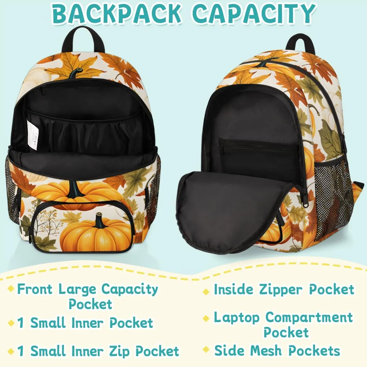 Fall Carry on Travel Backpack for Women Men Water resistant Lightweight Rucksack Backpack for Weekender Casual Work Hiking Pumpkins Maple Leaves