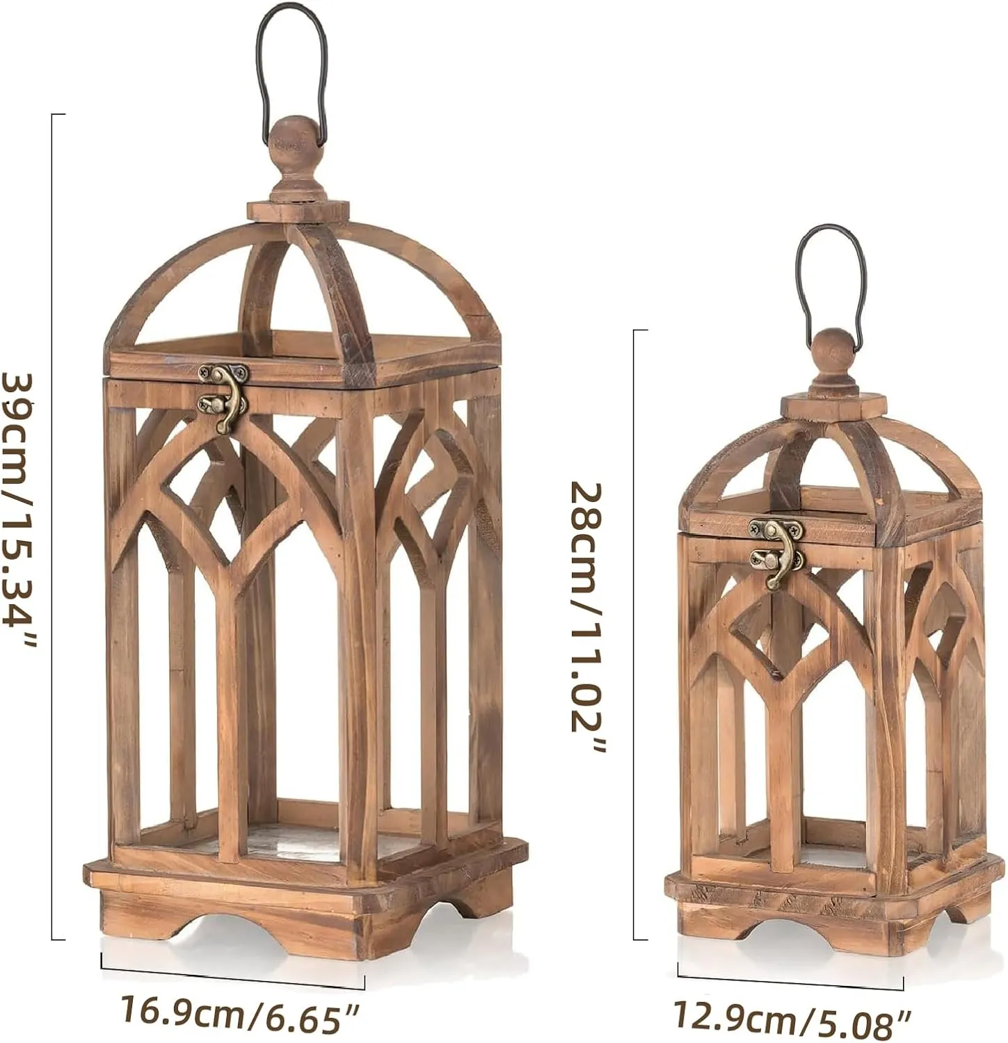Farmhouse Lanterns Decorative Indoor: 11" & 15" Set of 2 Brown Wooden Candle Holder Lanterns for Table Centerpiece Fireplace Mantle Home Decor