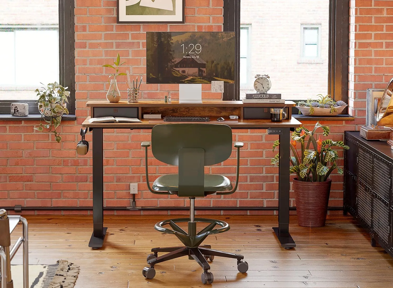 FEZIBO 48'' x 24'' Height Adjustable Electric Standing Desk with Double Drawer, Height Adjustable Computer Desk, Home Office Stand Up Table with 4 Height-Adjustable Feets & 2 Hooks, Rustic Brown