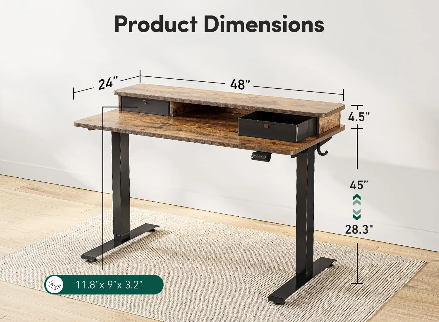 FEZIBO 48'' x 24'' Height Adjustable Electric Standing Desk with Double Drawer, Height Adjustable Computer Desk, Home Office Stand Up Table with 4 Height-Adjustable Feets & 2 Hooks, Rustic Brown