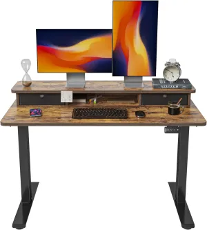 FEZIBO 48'' x 24'' Height Adjustable Electric Standing Desk with Double Drawer, Height Adjustable Computer Desk, Home Office Stand Up Table with 4 Height-Adjustable Feets & 2 Hooks, Rustic Brown