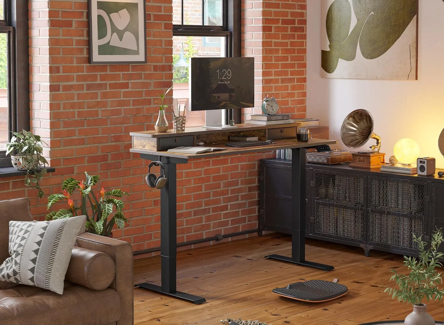 FEZIBO 48'' x 24'' Height Adjustable Electric Standing Desk with Double Drawer, Height Adjustable Computer Desk, Home Office Stand Up Table with 4 Height-Adjustable Feets & 2 Hooks, Rustic Brown