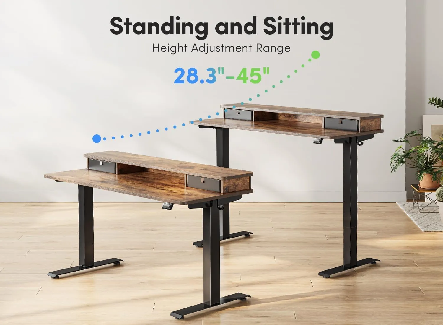 FEZIBO 48'' x 24'' Height Adjustable Electric Standing Desk with Double Drawer, Height Adjustable Computer Desk, Home Office Stand Up Table with 4 Height-Adjustable Feets & 2 Hooks, Rustic Brown