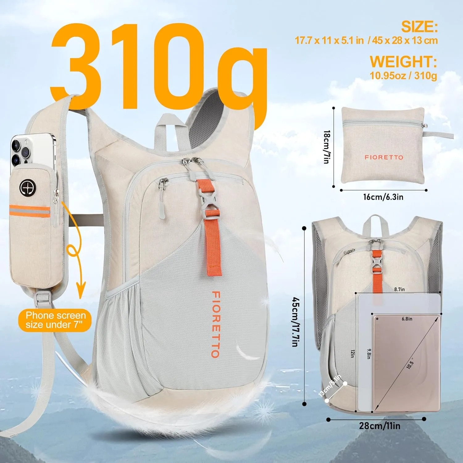 FIORETTO 15L Hiking Backpack for Women Men Mini Packable Backpack Lightweight Small Daypack for Camping Travel Outdoor, Beige