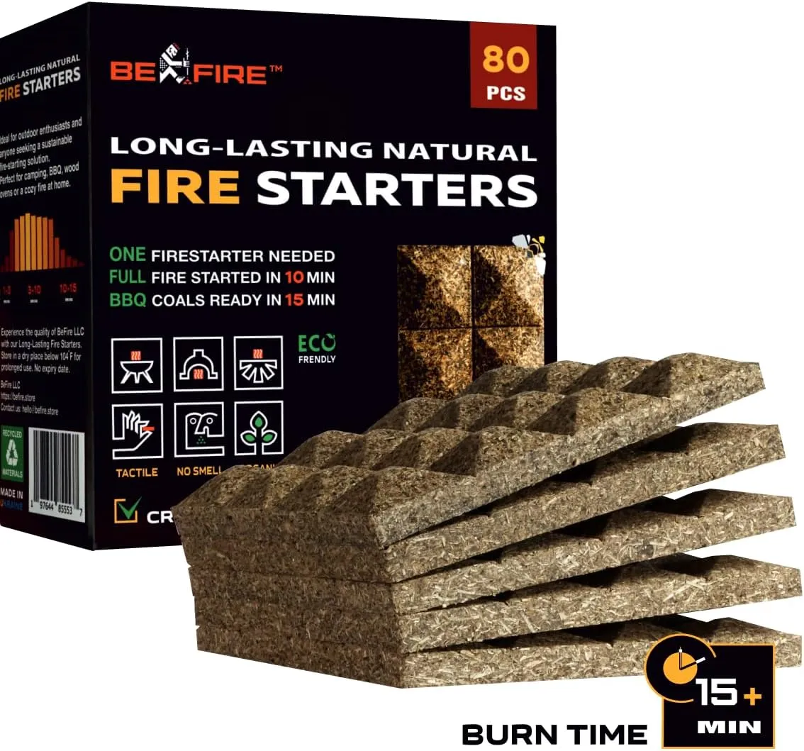 Fire Starter • 80 pcs Natural Fire Starters 15  Min Burn Time Firestarters for Indoor Fireplace, Campfires & Camping, Wood Stove, Grill • Water Resistant and Long-Lasting