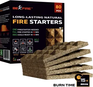 Fire Starter • 80 pcs Natural Fire Starters 15  Min Burn Time Firestarters for Indoor Fireplace, Campfires & Camping, Wood Stove, Grill • Water Resistant and Long-Lasting
