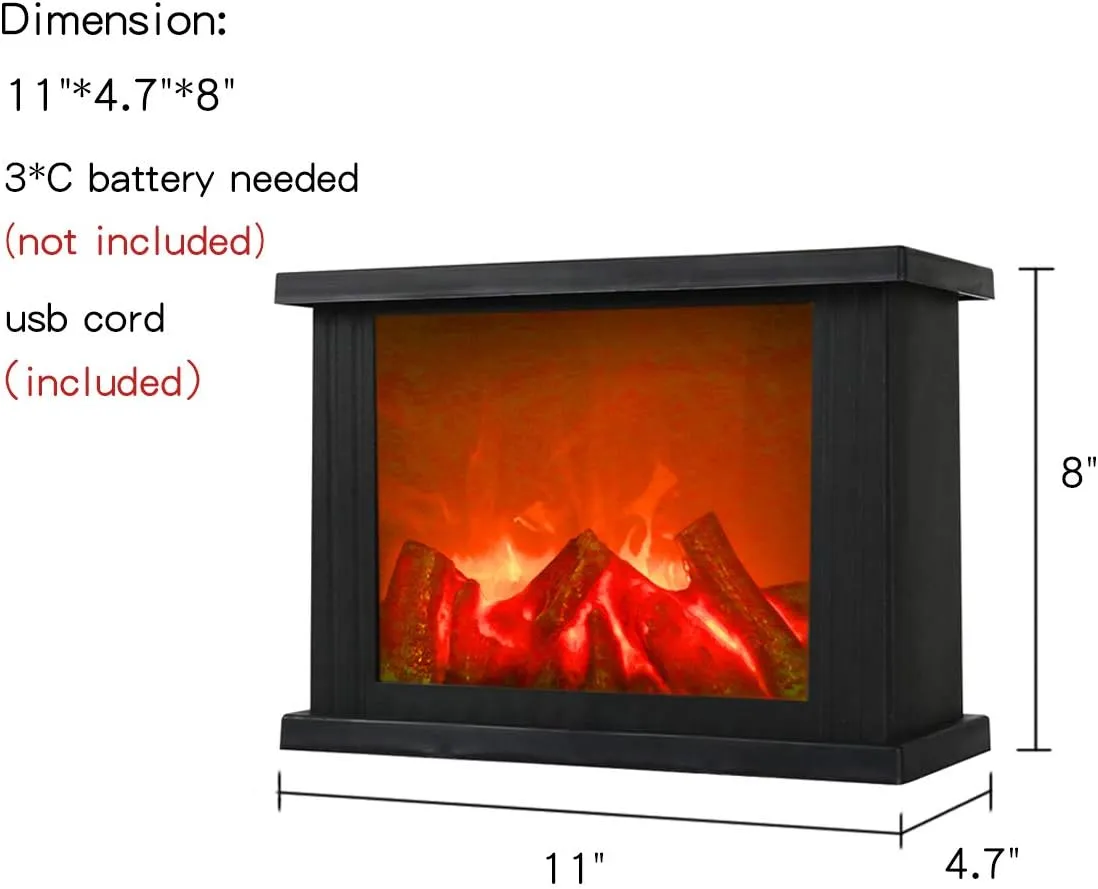 Fireplace Lanterns Decorative Flameless Portable Led Lantern Battery Operated and USB Operated 6 Hours Timer Included Indoor/Outdoor(No Heater Function Black Rectangle Size:11x4.7x8 Inch)